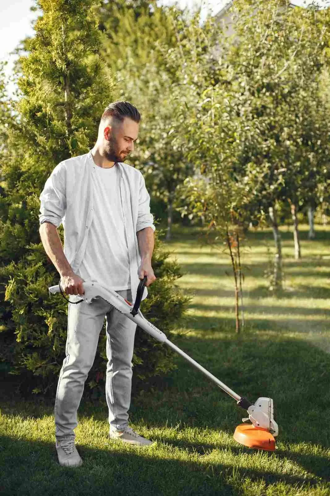 Landscaping and lawn care work in an outdoor space