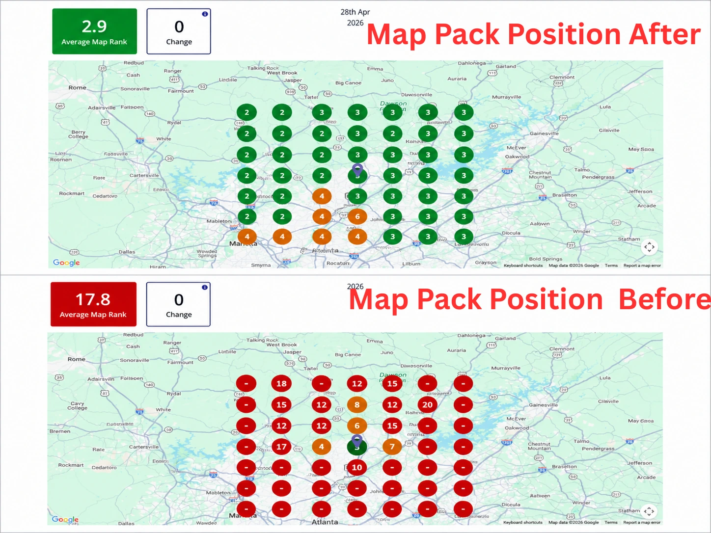 Google Maps local visibility comparison from the Atlanta medical aesthetics project